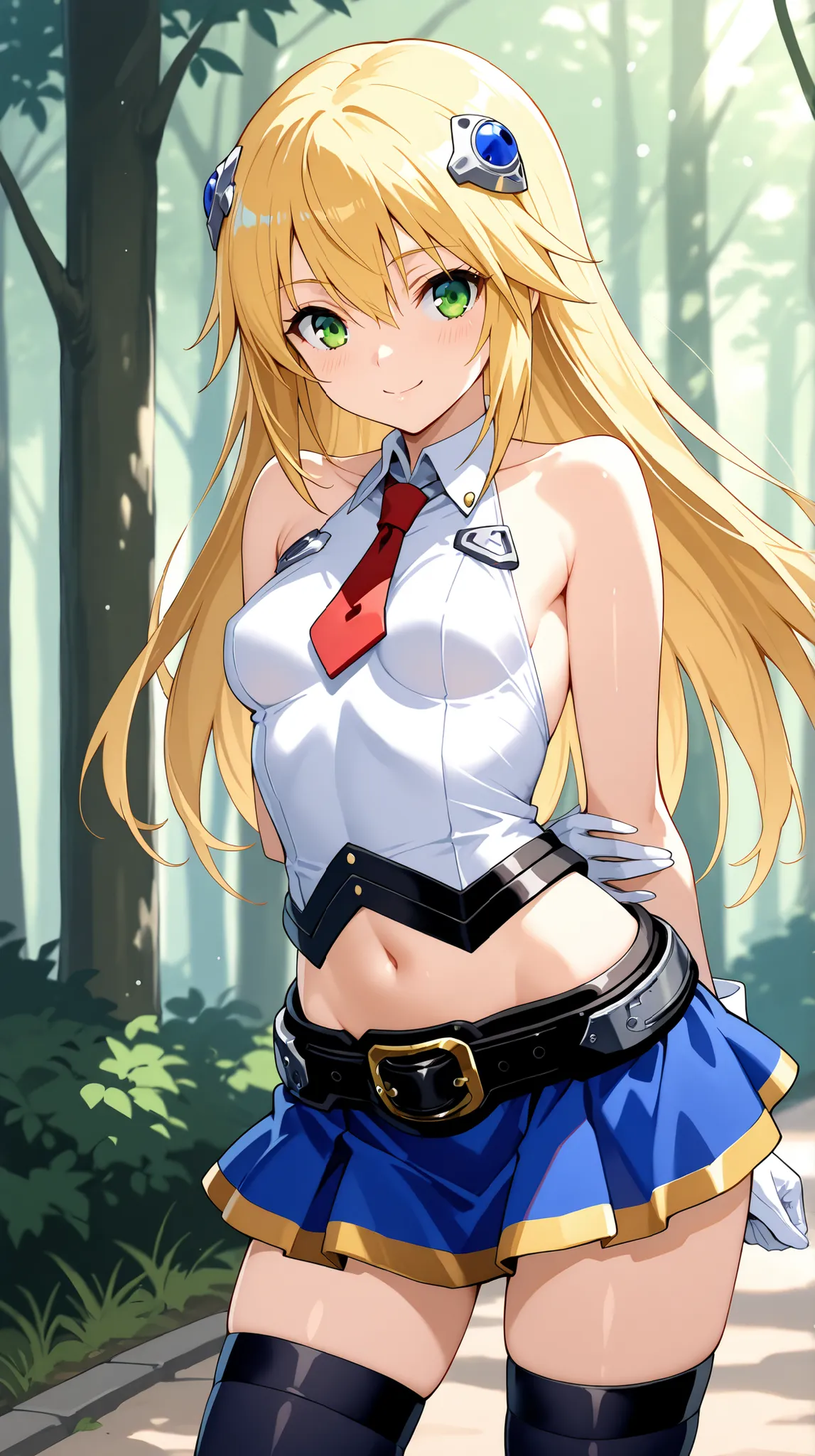 masterpiece,best quality,highres,ultra-detailed,masterpiece,detailed illustration,source_anime,1girl,solo,Noel Vermillion,white shirt,no sleeves,red necktie,short necktie,white gloves,midriff,belt,blue skirt,miniskirt,black thighhighs,hair ornament,blonde ...