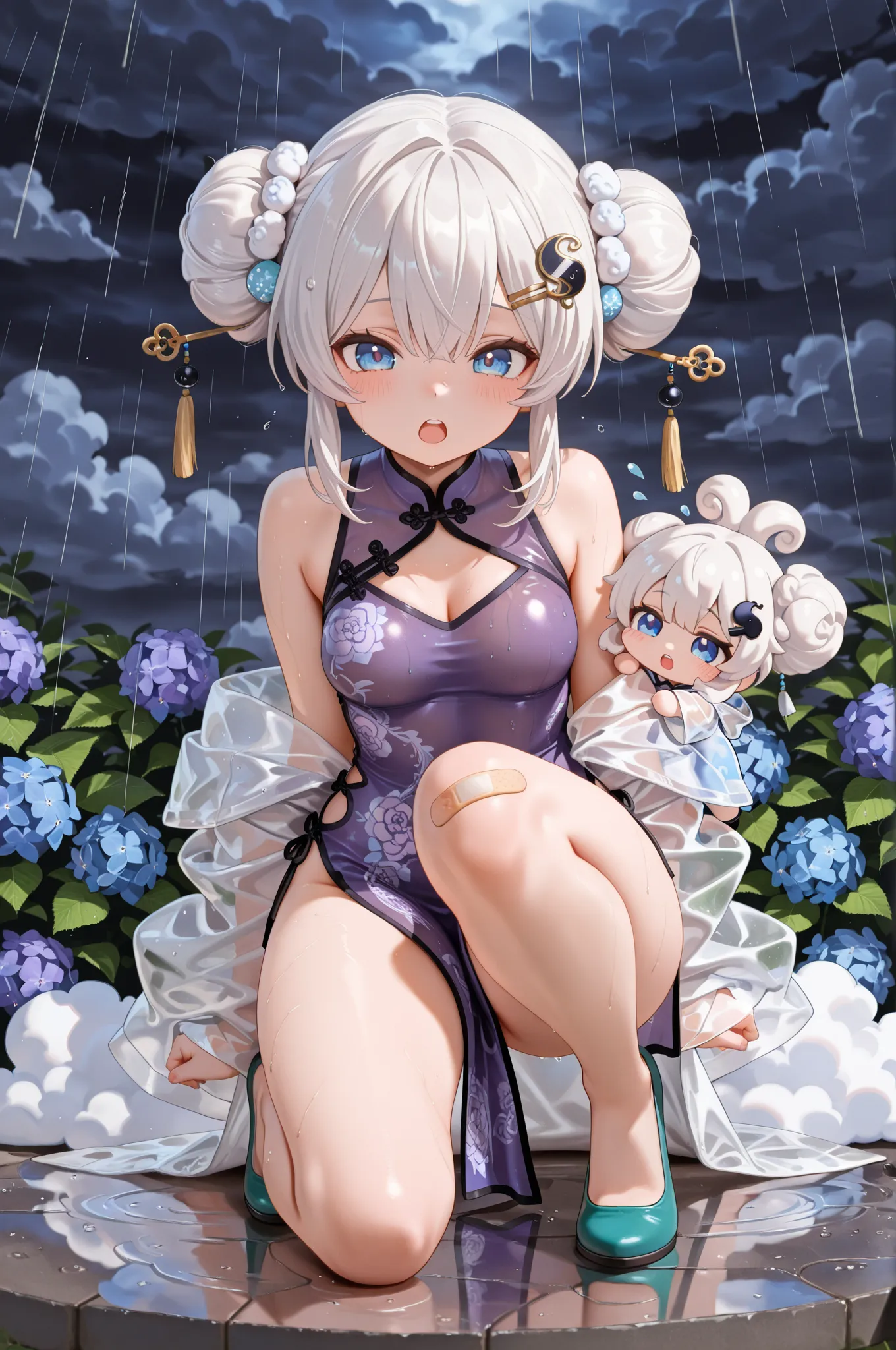 score_9, score_8_up, score_7_up, masterpiece, highest quality, perfect features, highest resolution, 8K, amazing quality, narrow eyes, clear eyes, 1girl, solo, (chibi), short, ((bun hair with cloud pattern on both sides, big cloud hair ornaments on both sides, rain-like drops flowing from the cloud hair ornaments, 💧 hairpin)), white hair with purple stripes, medium hair with cloud pattern , double teeth, narrow eyes, blue eyes, short hair, purple cheongsam, hydrangea cheongsam, girl in cheongsam, slit, translucent raincoat, (large colorful band aid on one knee), meeting on a rainy night, night, bumping into each other, fateful meeting