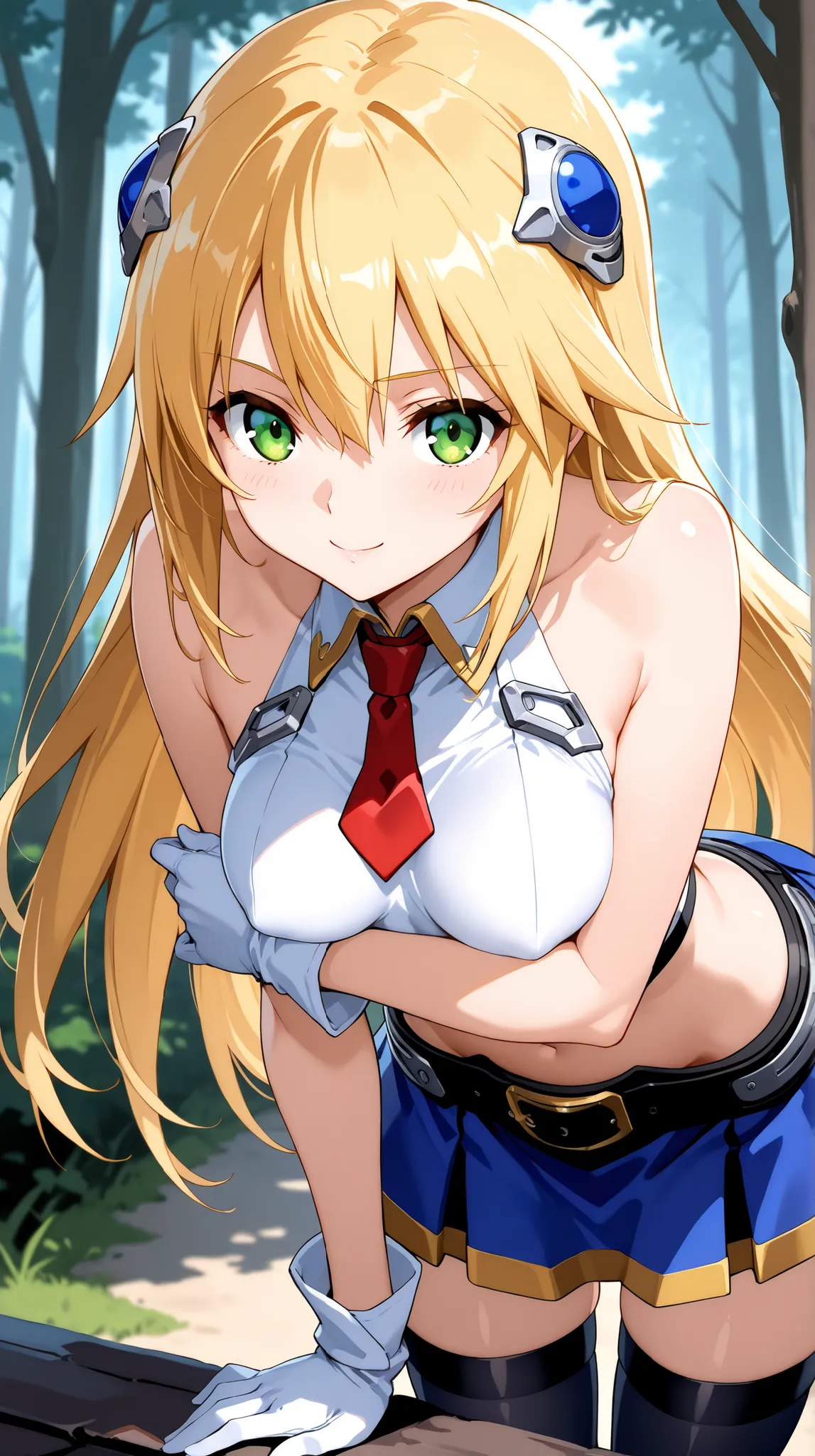 masterpiece,best quality,highres,ultra-detailed,masterpiece,detailed illustration,source_anime,1girl,solo,Noel Vermillion,white shirt,no sleeves,red necktie,short necktie,white gloves,midriff,belt,blue skirt,miniskirt,black thighhighs,hair ornament,blonde ...