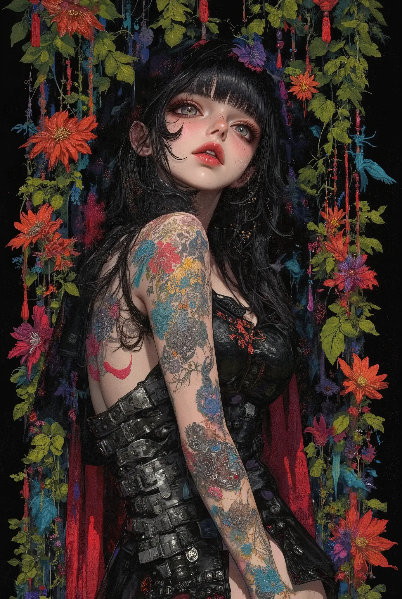 Gothic_girl, ((top quality)), (super high resolution), (super detailed), Chris Bachalo inspired, exquisite digital illustration, womanhood, Studio Ghibli Dark Fantasy, a tall skinny female high fashion model goddess, heavy eye makeup, hauntingly beautiful,...