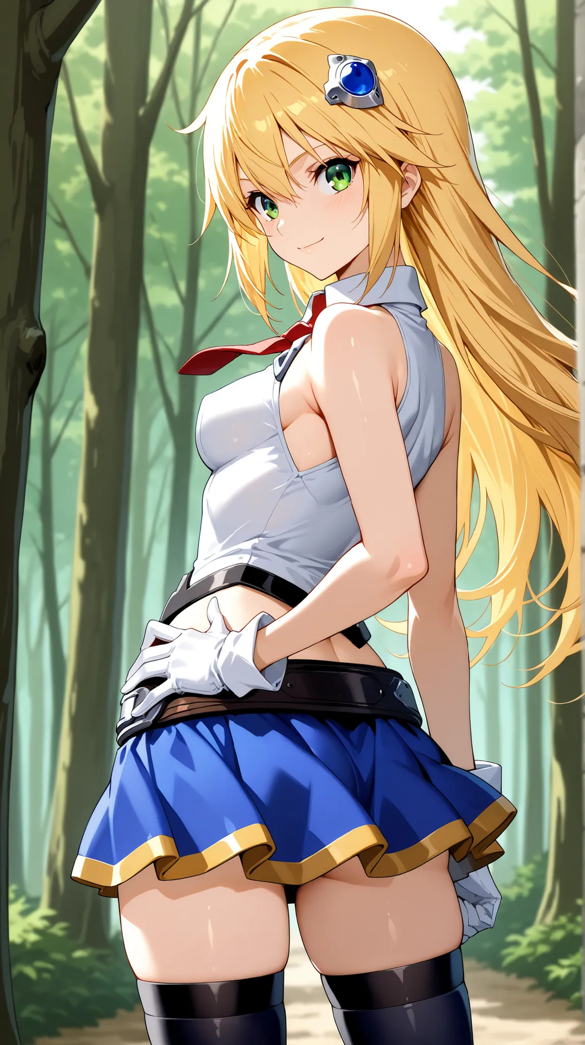 masterpiece,best quality,highres,ultra-detailed,masterpiece,detailed illustration,source_anime,1girl,solo,Noel Vermillion,white shirt,no sleeves,red necktie,short necktie,white gloves,midriff,belt,blue skirt,miniskirt,black thighhighs,hair ornament,blonde ...
