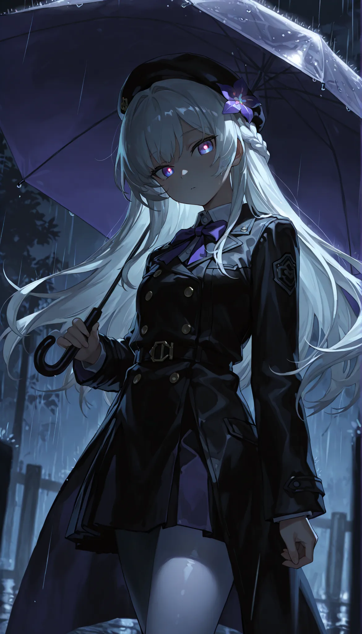 best quality, masterpiece, amazing quality, very aesthetic, high resolution, ultra-detailed, absurdres, 1girl, (herta_\(Honkai:_star_rail\):0.5), small_breasts, purple_eyes, (white hair:1.2), hair_ornaments, long_hair, black_coat, white_shirt, purple_bowti...