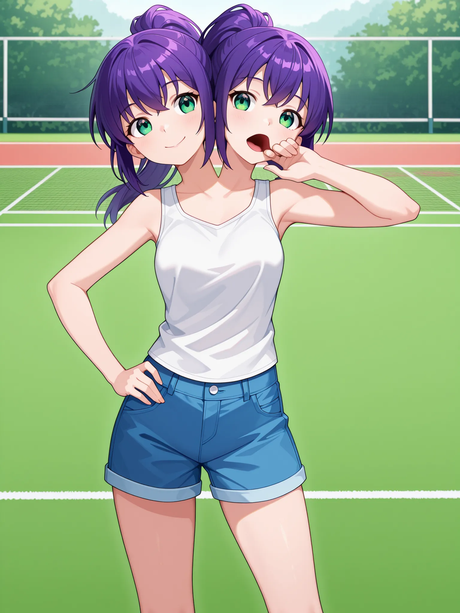 conjoined, anime girl with two heads, purple hair, ponytail, green eyes, right head's mouth open and left head's mouth closed, casual, happy, white tank top, blue short pants, one hand on hip, outdoor tennis court