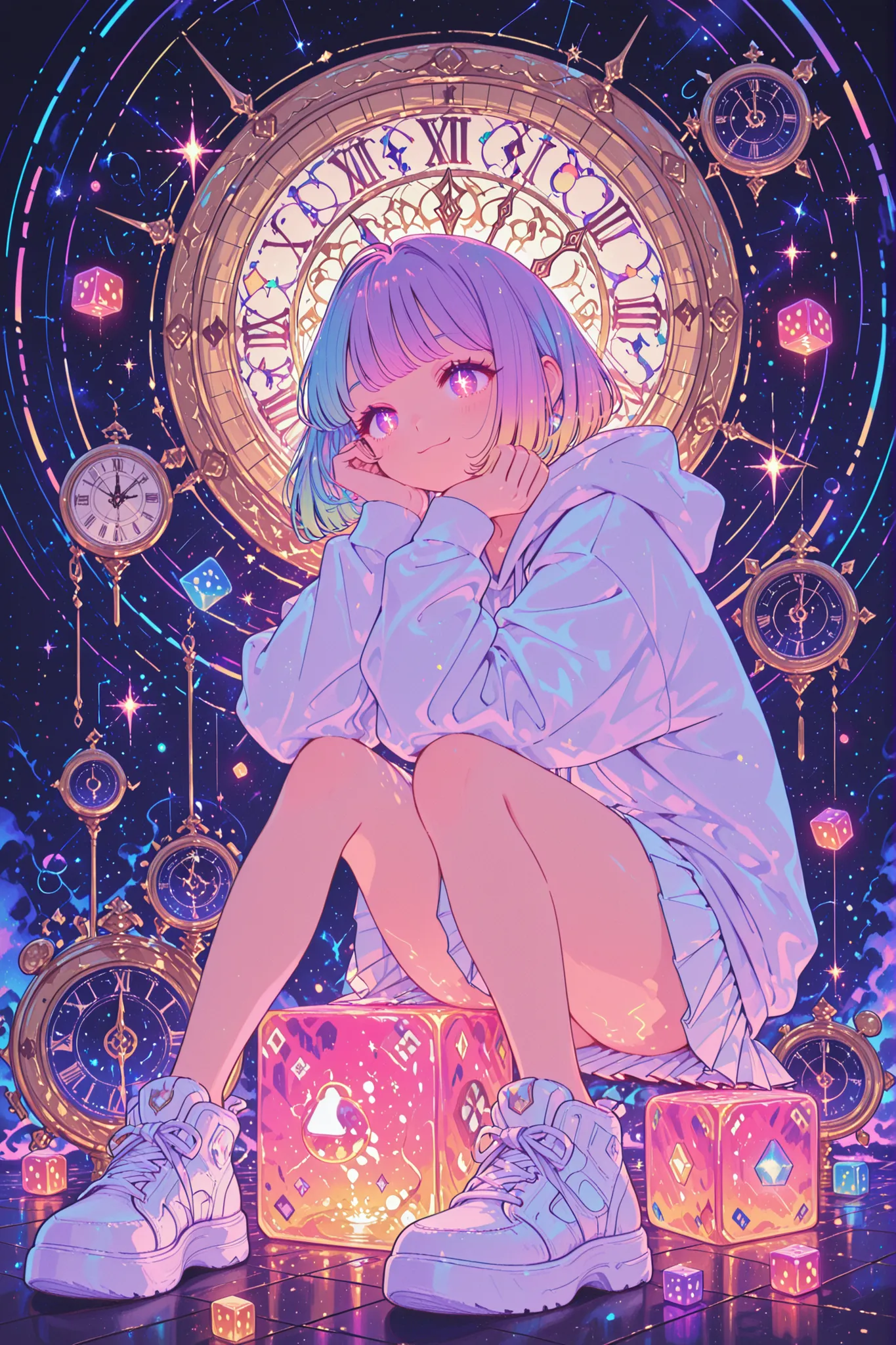 anime,,cute girl, sitting on a giant dice, wearing white sneakers, surrounded by many colorful dice, large floating clock in the background, glowing hourglass, dreamy fantasy atmosphere, pastel colors, oversized hoodie, pleated white skirt, soft bob haircu...