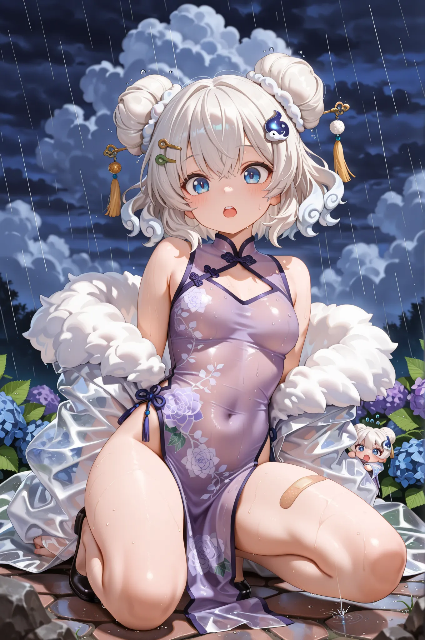 score_9, score_8_up, score_7_up, masterpiece, highest quality, perfect features, highest resolution, 8K, amazing quality, narrow eyes, clear eyes, 1girl, solo, (chibi), short, ((bun hair with cloud pattern on both sides, big cloud hair ornaments on both sides, rain-like drops flowing from the cloud hair ornaments, 💧 hairpin)), white hair with purple stripes, medium hair with cloud pattern , double teeth, narrow eyes, blue eyes, short hair, purple cheongsam, hydrangea cheongsam, girl in cheongsam, slit, translucent raincoat, (large colorful band aid on one knee), rainy night encounter, night, surprise, bump into and fall, fateful encounter