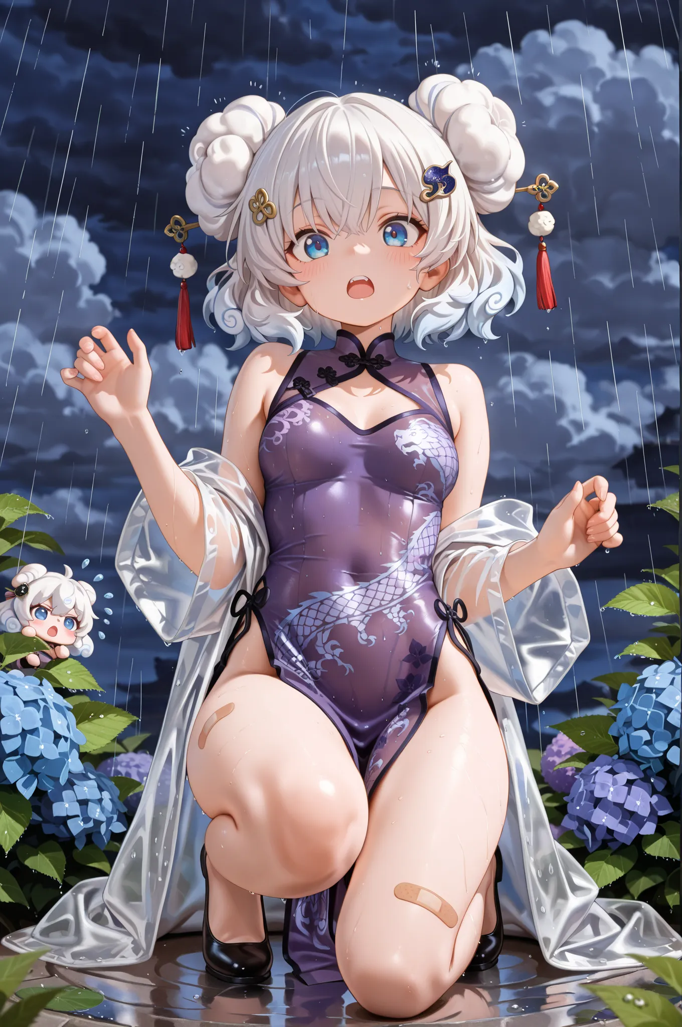score_9, score_8_up, score_7_up, masterpiece, highest quality, perfect features, highest resolution, 8K, amazing quality, narrow eyes, clear eyes, 1girl, solo, (chibi), short, ((bun hair with cloud pattern on both sides, big cloud hair ornaments on both sides, rain-like drops flowing from the cloud hair ornaments, 💧 hairpin)), white hair with purple stripes, medium hair with cloud pattern , double teeth, narrow eyes, blue eyes, short hair, purple cheongsam, hydrangea cheongsam, girl in cheongsam, slit, translucent raincoat, (large colorful band aid on one knee), rainy night encounter, night, surprise, bump into and fall, fateful encounter