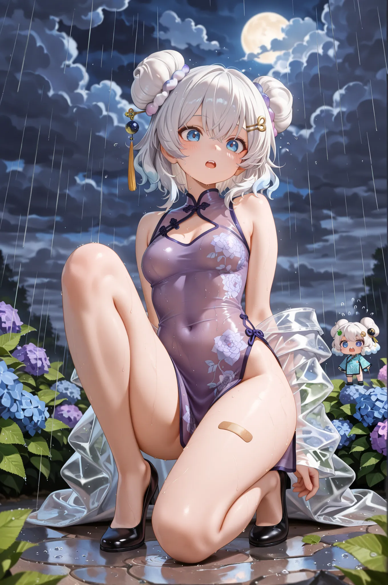 score_9, score_8_up, score_7_up, masterpiece, highest quality, perfect features, highest resolution, 8K, amazing quality, narrow eyes, clear eyes, 1girl, solo, (chibi), short, ((bun hair with cloud pattern on both sides, big cloud hair ornaments on both sides, rain-like drops flowing from the cloud hair ornaments, 💧 hairpin)), white hair with purple stripes, medium hair with cloud pattern , double teeth, narrow eyes, blue eyes, short hair, purple cheongsam, hydrangea cheongsam, girl in cheongsam, slit, translucent raincoat, (large colorful band aid on one knee), rainy night encounter, night, surprise, bump into and fall, fateful encounter