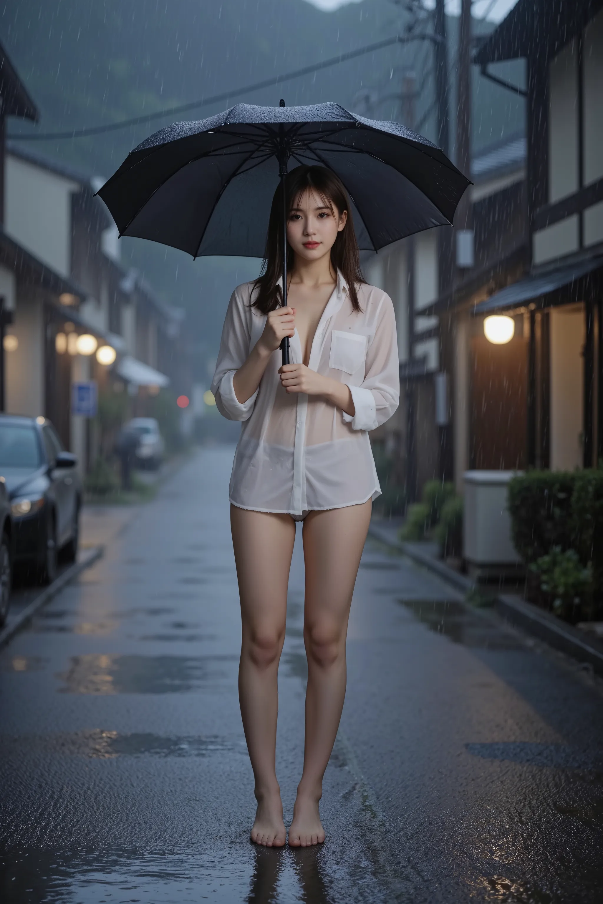 night、in the rain,cute Japanese woman standing in the rain with only a thin white blouse, loafers, Aura,wet look on toilet bowl, Damp hair,  cheeks feeling fine after urinating, 4K Digital Art,realistic texture,Precise Details,Soft Light,Natural Shading,tr...