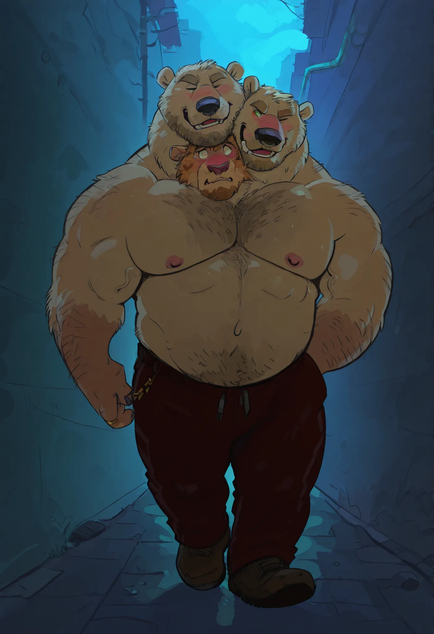 (hairy manly fat polar bear and  nerdy muscle tiger and bull stitched together), shared flesh, falling, in pain, stitched together, dark alley, night, very high quality, pants, half white fur half orange fur, ((two heads one body)), conjoined, walking, adu...