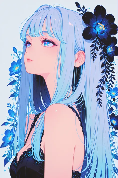 rich,beautiful girl,upper body,side view,looking away,light blue hair,long hair,light blue eyes,detailed irises,long eyelashes,(Sensual eyes,feature double highlights),soft real lips,black lace one-piece dress,blue and black flowers,flowers in hair and aro...