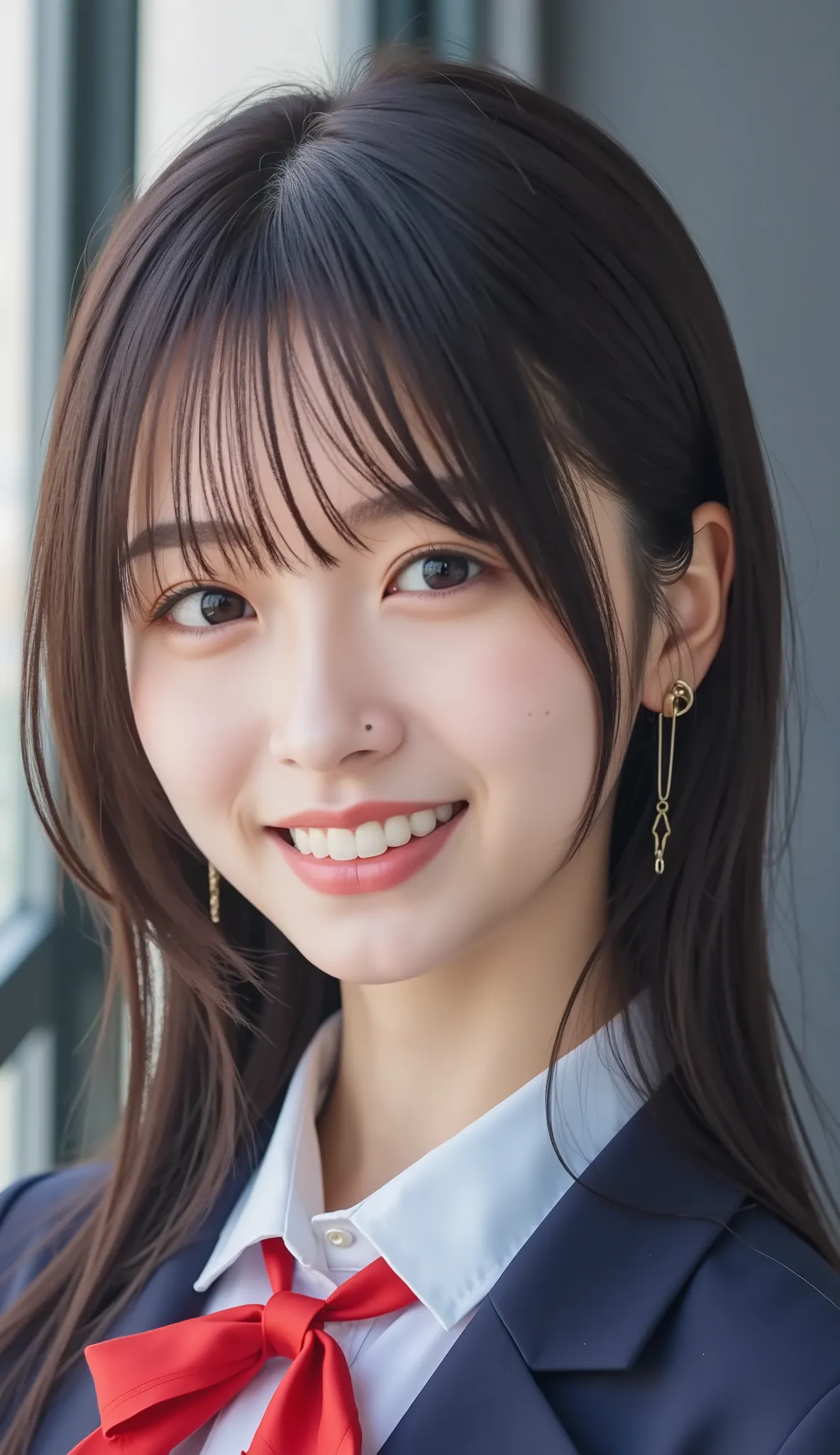 high school girl、 1 Pretty Woman、Japanese Idol、droopy eyes、Tear Mole、has a charming cute smile、Ideal proportions、high school girl、navy blue blazer、White Shirt、red ribbon bow tie、Small neck slanted 、schools、masterpiece、歯を見せた笑顔、Highest Quality、Ultra HD、Extre...