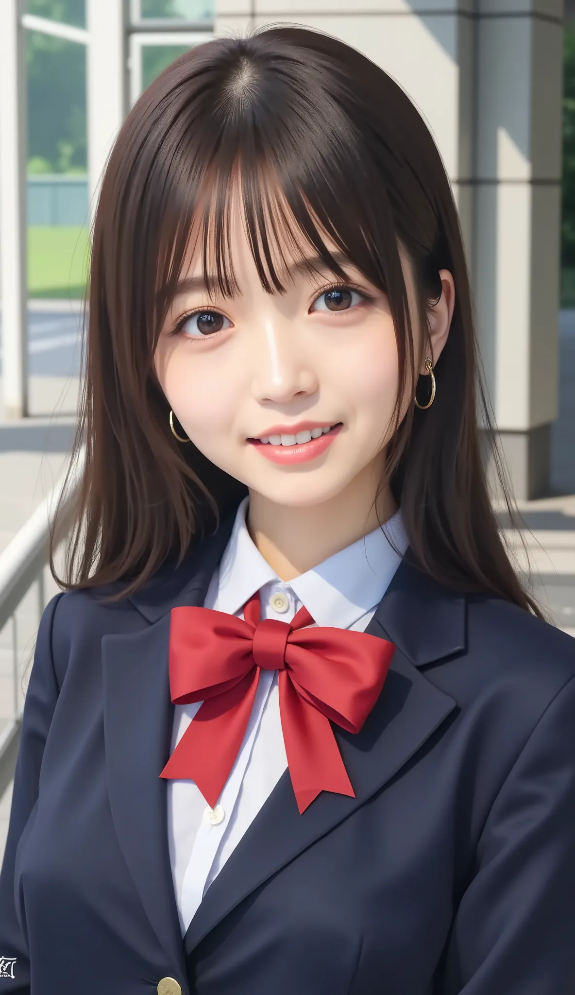 high school girl、 1 Pretty Woman、Japanese Idol、droopy eyes、Tear Mole、has a charming cute smile、Ideal proportions、high school girl、navy blue blazer、White Shirt、red ribbon bow tie、Small neck slanted 、schools、masterpiece、歯を見せた笑顔、Highest Quality、Ultra HD、Extre...