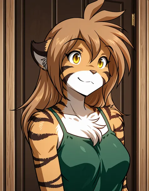 jelsis,, masterpiece, best quality, very aesthetic, 1girl,, furry, solo, flora-twokinds, flora_twokinds,, tiger, striped fur, keidran, yellow eyes, anthro,, green shirt