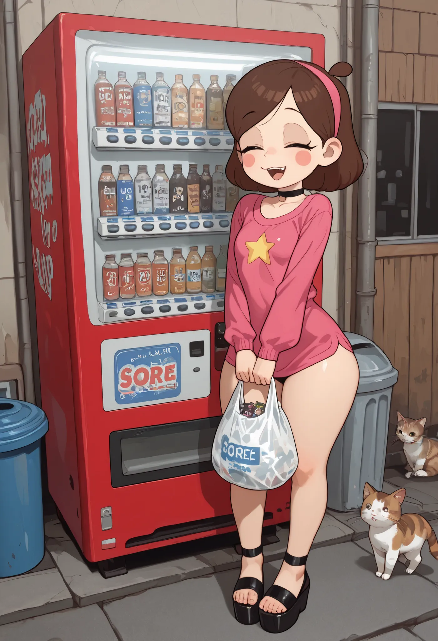 Mabel Pines, blush stickers, brown hair. black eyes. half-closed eyes, small breasts, huge hips. long eyelashes, choker. | score_9, score_8_up, score_7_up, faux figurine, nendoroid, full body, figure, platform, solo, Anime, 1girl, masterpiece, best quality...