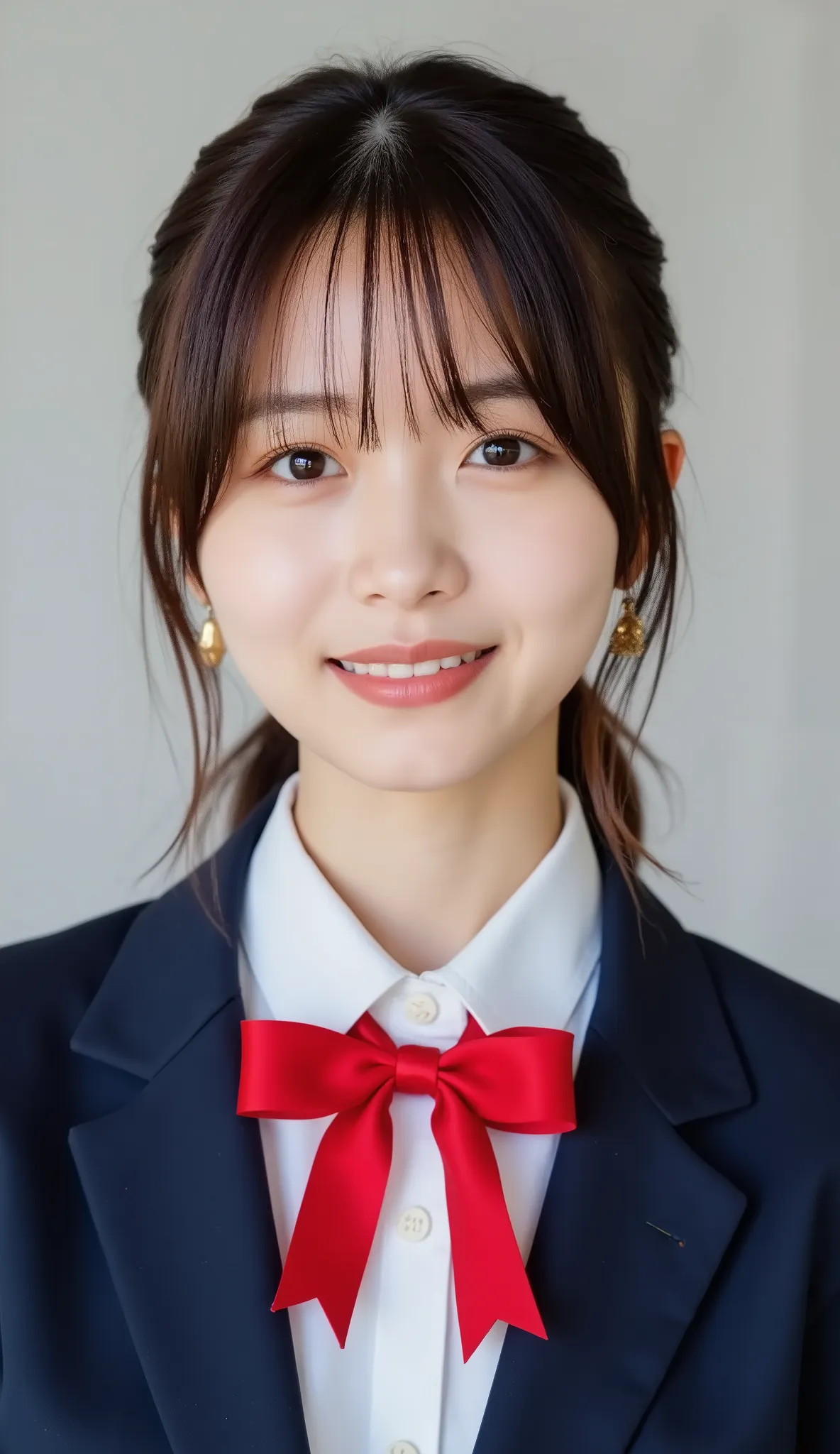 high school girl、 1 Pretty Woman、Japanese Idol、droopy eyes、Tear Mole、has a charming cute smile、Ideal proportions、high school girl、navy blue blazer、White Shirt、red ribbon bow tie、Small neck slanted 、schools、masterpiece、歯を見せた笑顔、バストアップショット、Ultra HD、Extreme Re...