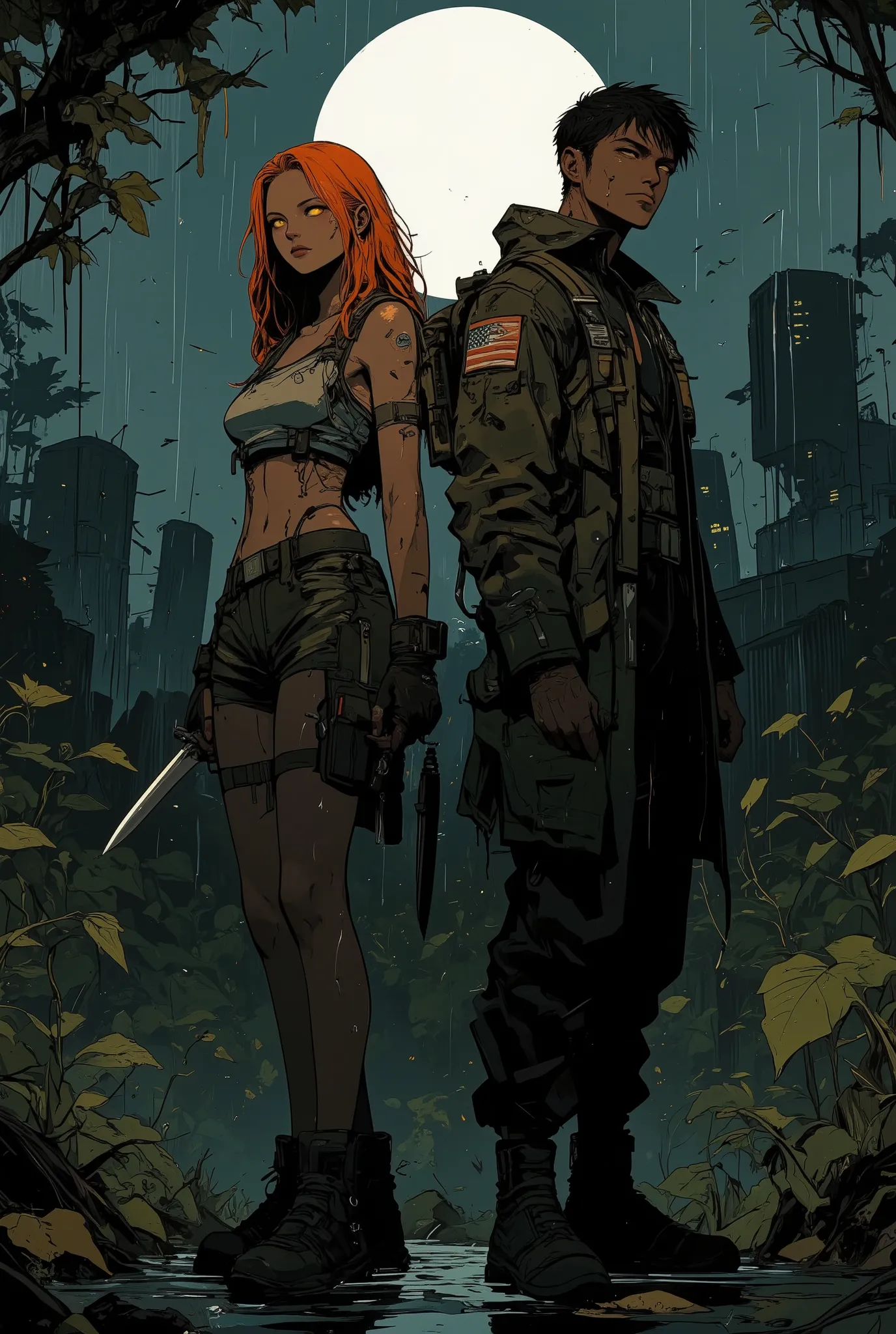 An anime-style military girl standing back-to-back with her male counterpart, both in a dark, rainy forest at night under the full moon. The girl has long, flowing, fiery orange hair and glowing yellow eyes. She wears a short camo-patterned military short ...