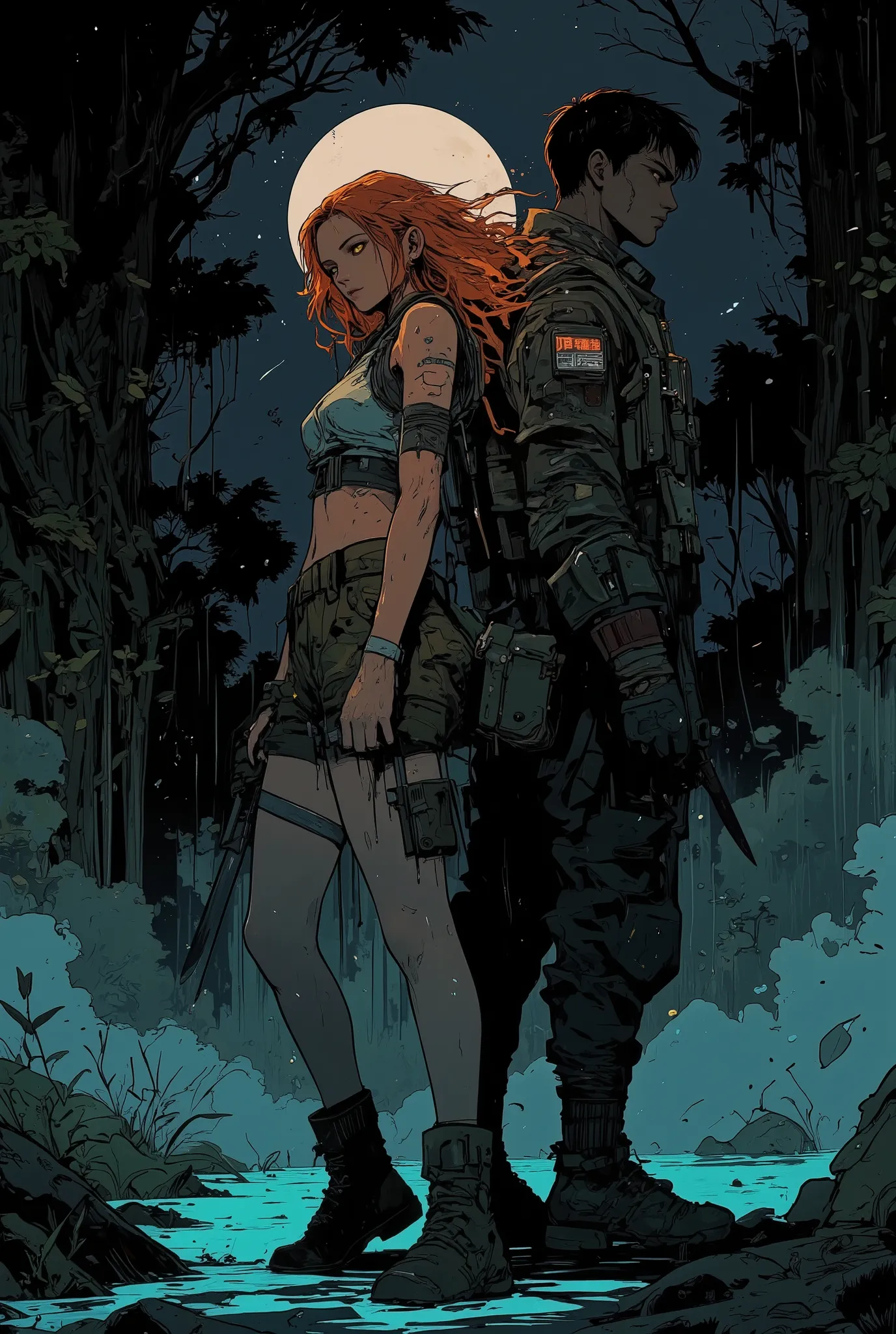 An anime-style military girl standing back-to-back with her male counterpart, both in a dark, rainy forest at night under the full moon. The girl has long, flowing, fiery orange hair and glowing yellow eyes. She wears a short camo-patterned military short ...