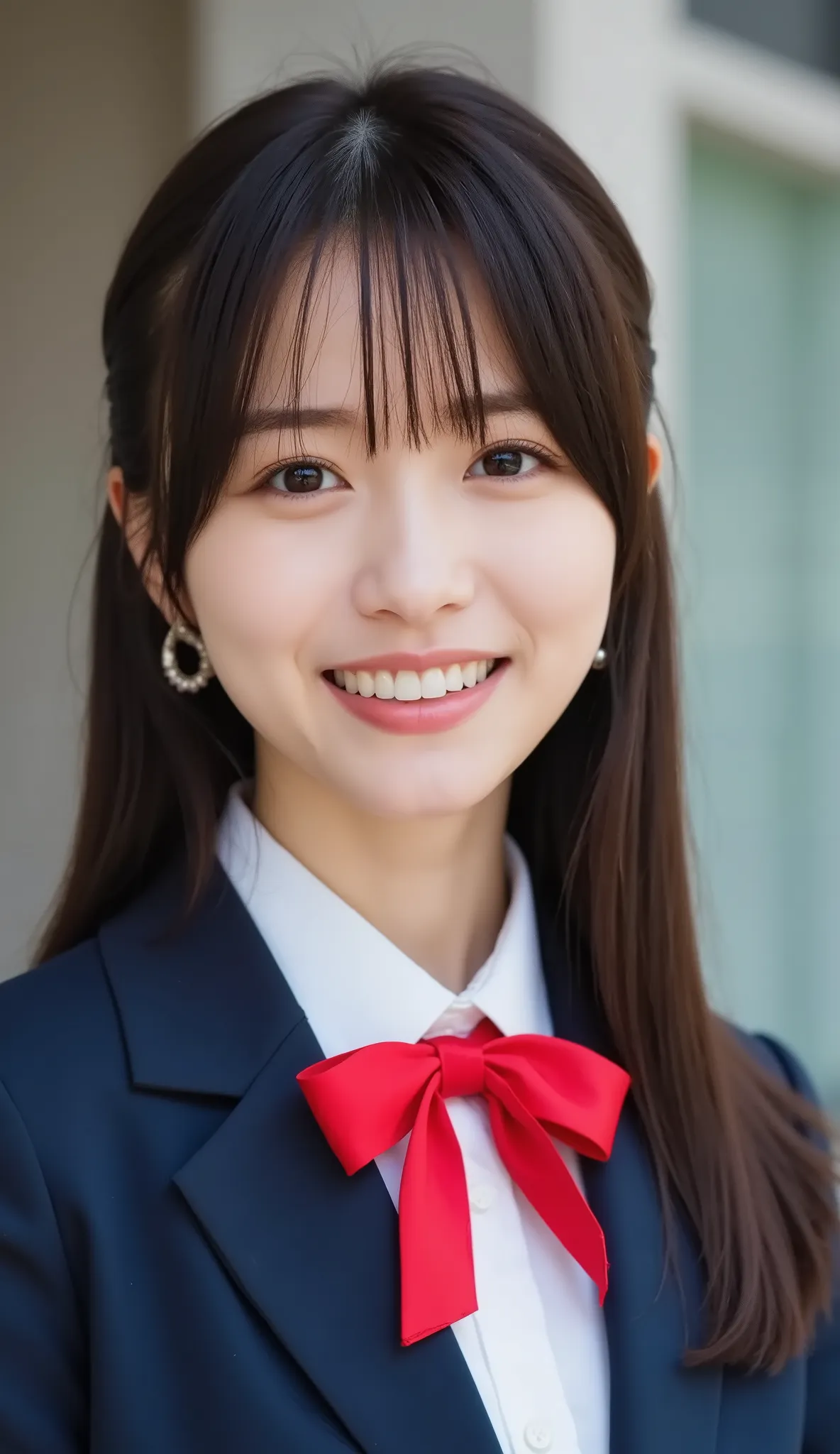 igh school girl、 1 Pretty Woman、Japanese Idol、droopy eyes、Tear Mole、has a charming cute smile、Ideal proportions、high school girl、navy blue blazer、White Shirt、red ribbon bow tie、Small neck slanted 、schools、masterpiece、歯を見せた笑顔、バストアップショット、Ultra HD、Extreme Res...
