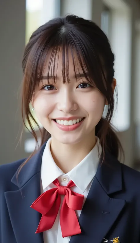 igh school girl、 1 Pretty Woman、Japanese Idol、droopy eyes、Tear Mole、has a charming cute smile、Ideal proportions、high school girl、navy blue blazer、White Shirt、red ribbon bow tie、Small neck slanted 、schools、masterpiece、歯を見せた笑顔、バストアップショット、Ultra HD、Extreme Res...