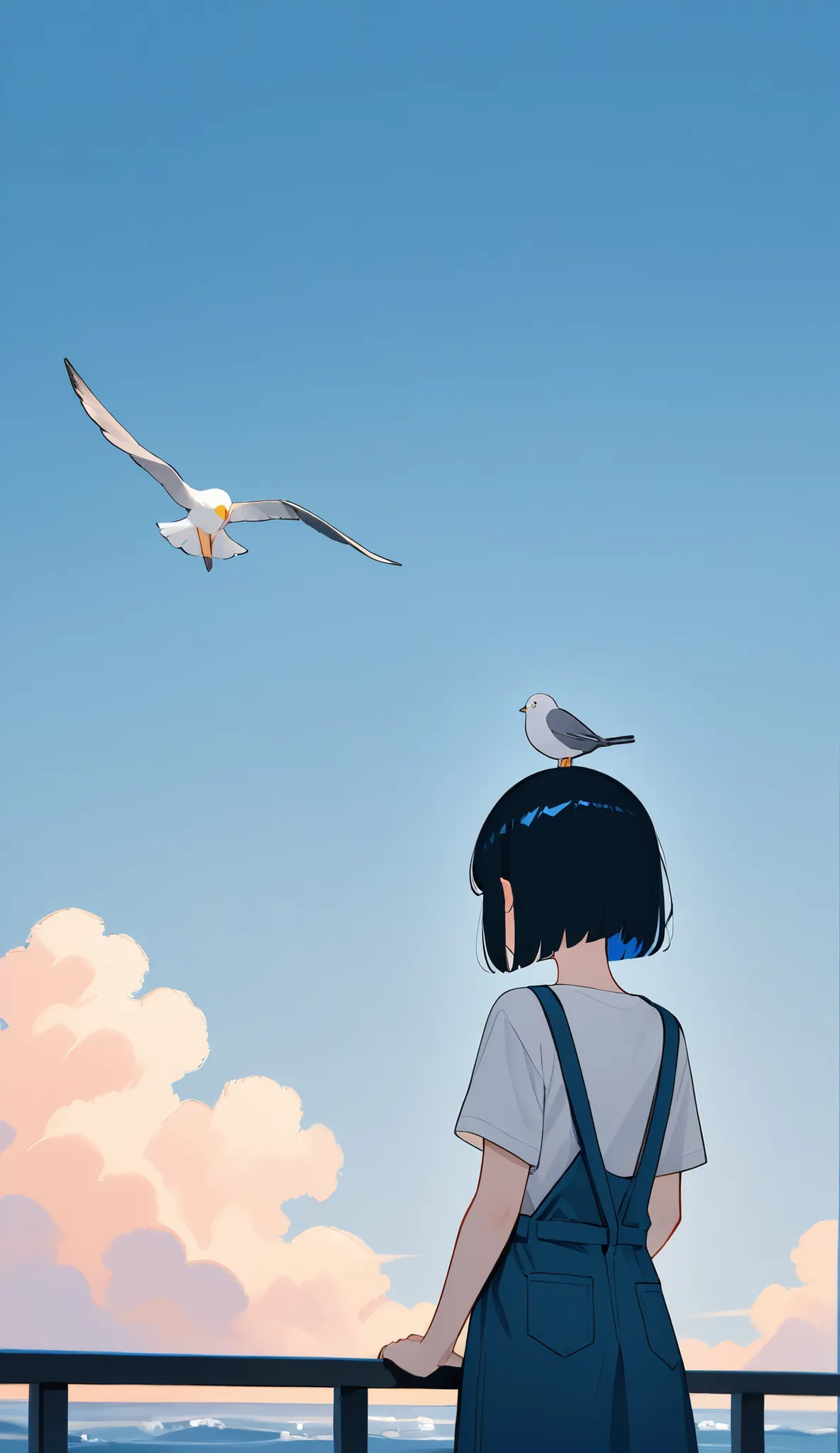 young woman,A clean bob cut,She is standing beneath a blue sky,A white bird on her head、A seagull perches, adding a playful touch to the scene,Her outfit is a simple T-shirt,A bright blue sky in the background,The simplicity of the background makes her fig...