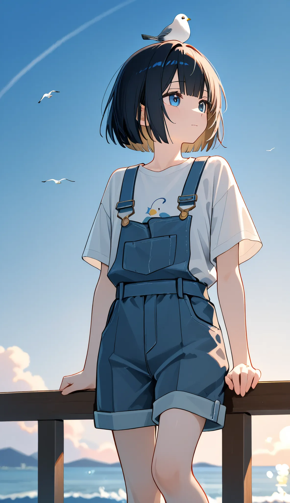 young woman,A clean bob cut,She is standing beneath a blue sky,A white bird on her head、A seagull perches, adding a playful touch to the scene,Her outfit is a simple T-shirt,A bright blue sky in the background,The simplicity of the background makes her fig...