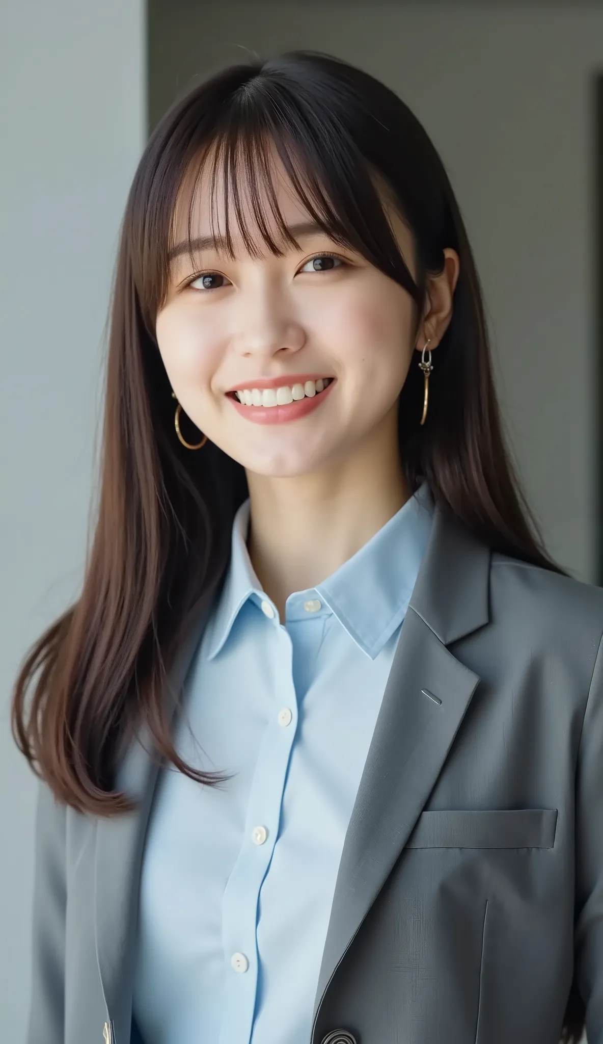 Neat Young Woman、looking at the camera、office lady suit、jacket、shirt、Ear piercings、necklace、smile showing teeth、Bust Up Shot、background is office
