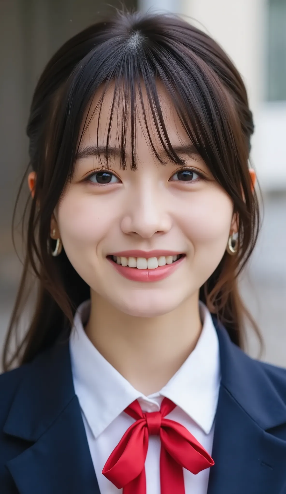 igh school girl、 1 Pretty Woman、Japanese Idol、droopy eyes、Tear Mole、has a charming cute smile、Ideal proportions、high school girl、navy blue blazer、White Shirt、red ribbon bow tie、Small neck slanted 、schools、masterpiece、歯を見せた笑顔、カメラ目線、バストアップショット、Ultra HD、Extre...