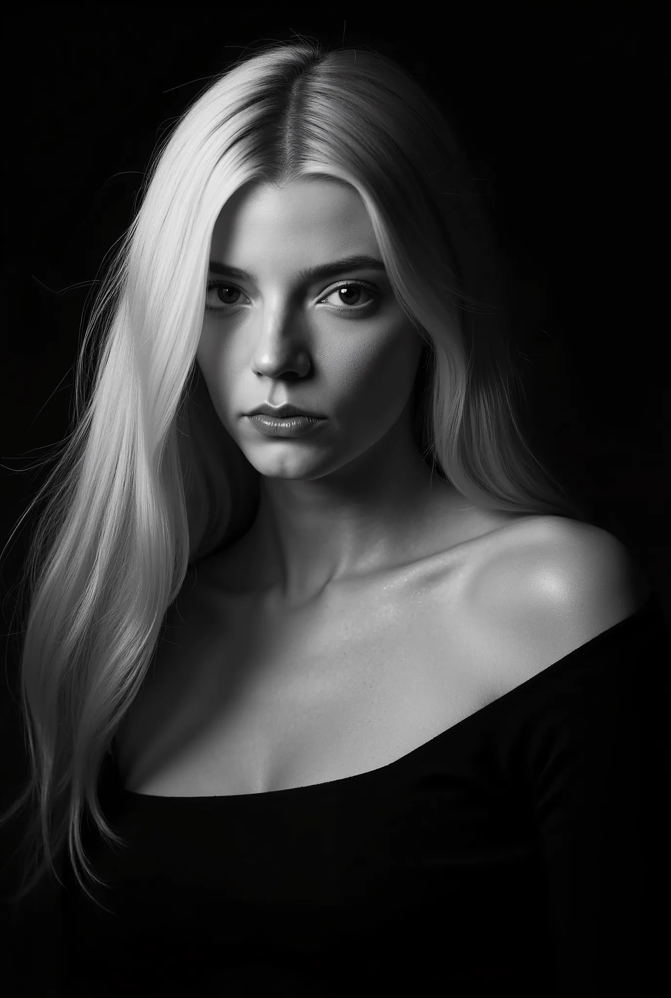 In a monochromatic setting, a girl showcases striking long, blonde hair that flows freely over their shoulders. The hair is characterized by its smooth texture and subtle layers, catching the light in gentle highlights that contrast against a shadowy backd...