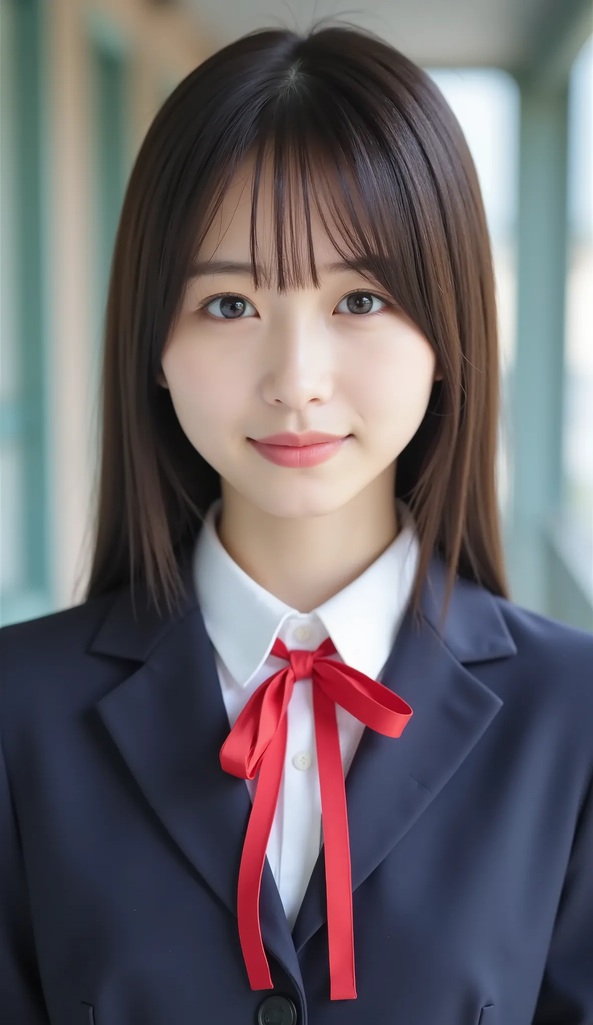 igh school girl、 1 Pretty Woman、Japanese Idol、droopy eyes、Tear Mole、has a charming cute smile、Ideal proportions、high school girl、navy blue blazer、White Shirt、red ribbon bow tie、Small neck slanted 、schools、masterpiece、歯を見せた笑顔、バストアップショット、カメラ目線、Ultra HD、Extre...