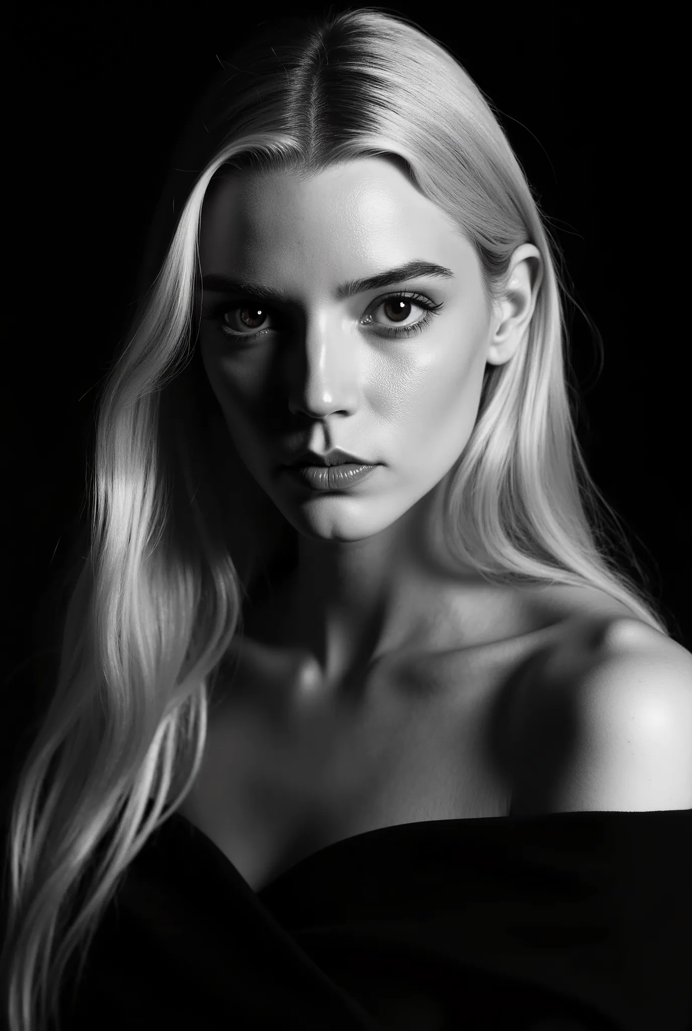 In a monochromatic setting, a girl showcases striking long, blonde hair that flows freely over their shoulders. The hair is characterized by its smooth texture and subtle layers, catching the light in gentle highlights that contrast against a shadowy backd...