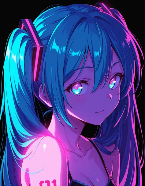 jelsis,, Hatsune Miku,limited palette,black background,colorful,vibrant,glowing outline,neon,blacklight,looking at viewer, masterpiece, very aesthetic,
