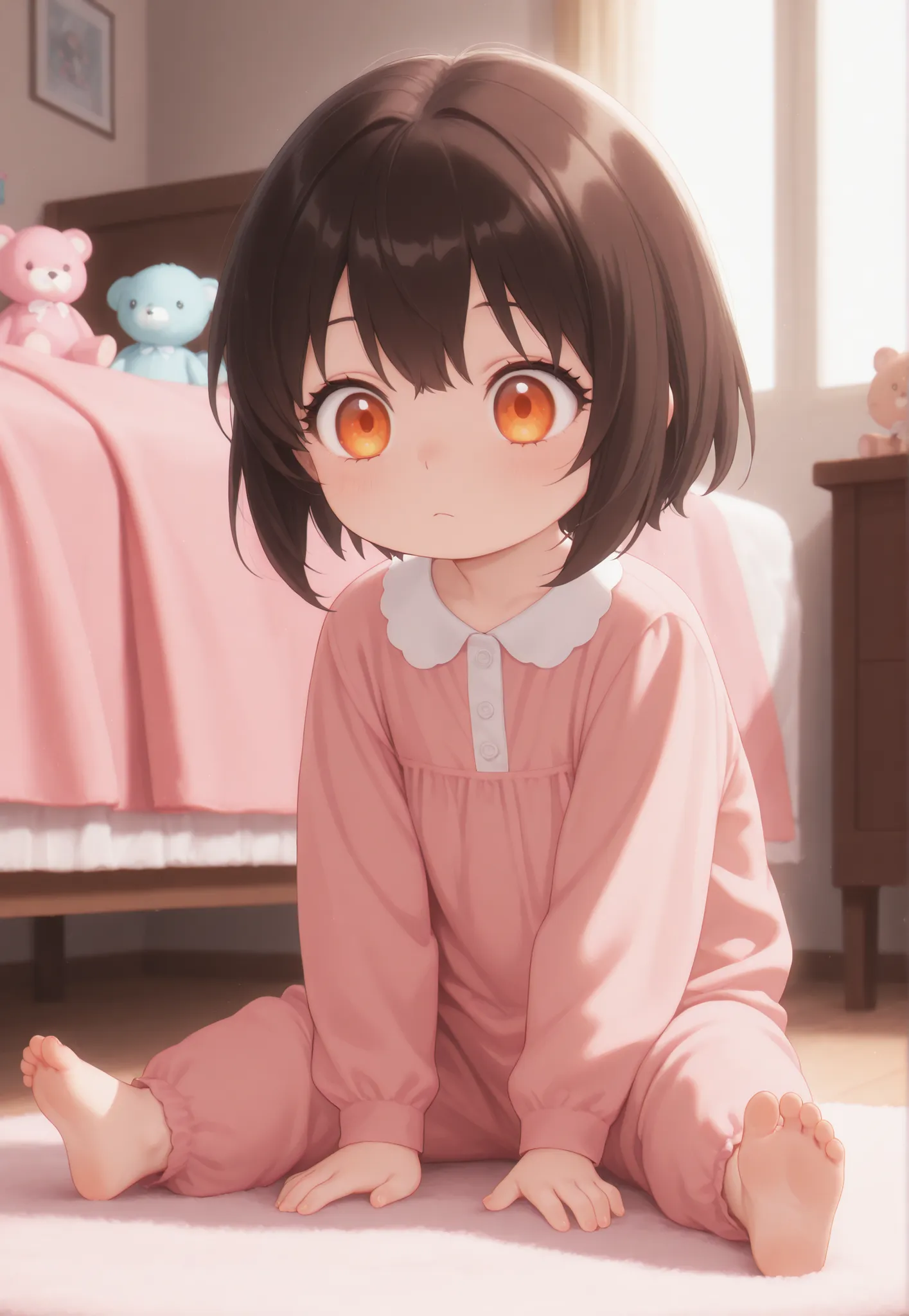 masterpiece, better quality, newest, safe, good anatomy, good resolution, good lighting.  beautiful, anime, , adorable. Little girl, Dark Brown Hair and Short Hair. Intense Orange Eyes. black eyelashes, piel clara. Adorable 4-6 month old baby. looking at t...