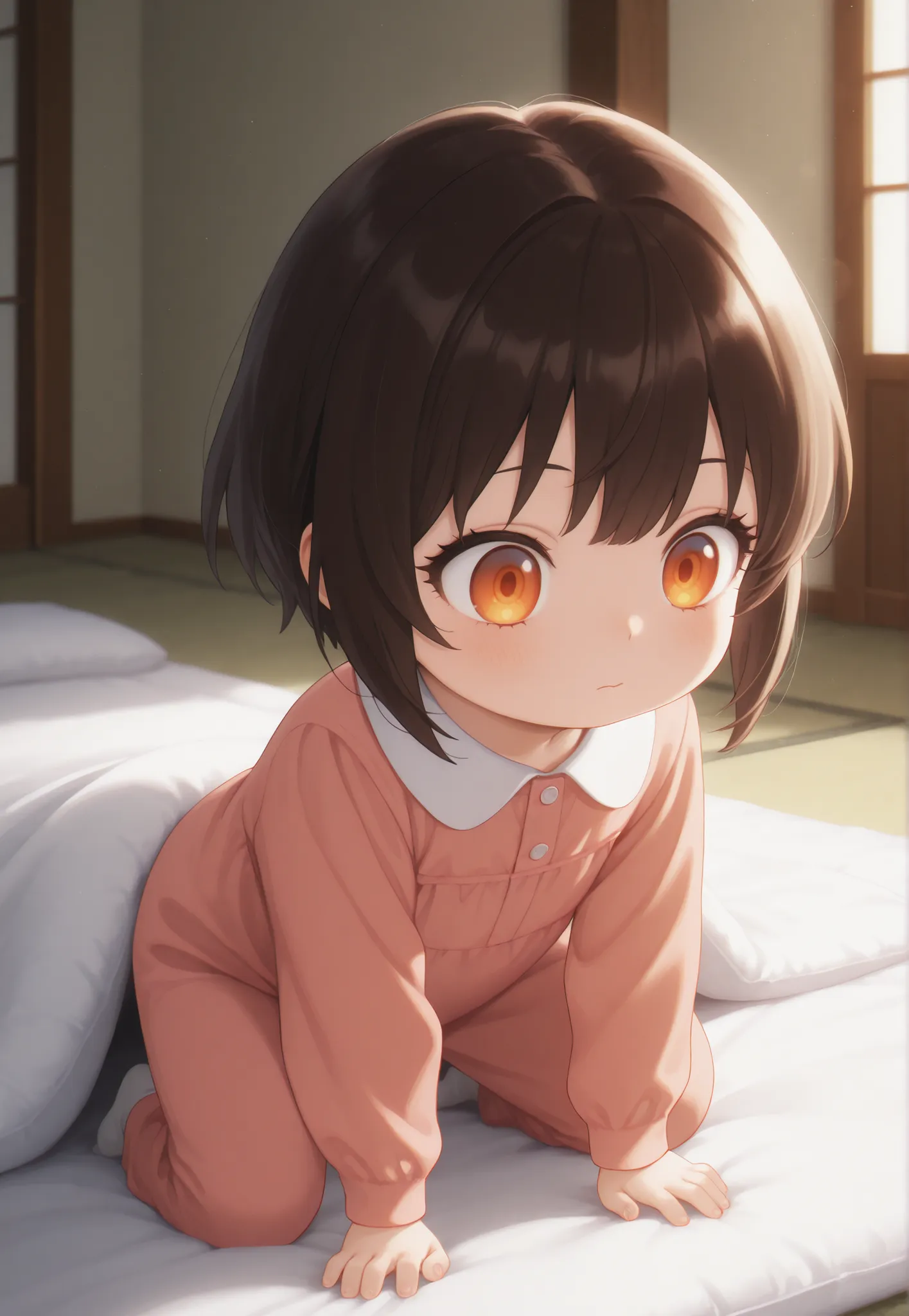 masterpiece, better quality, newest, safe, good anatomy, good resolution, good lighting.  beautiful, anime, , adorable. Little girl, Dark Brown Hair and Short Hair. Intense Orange Eyes. black eyelashes, piel clara. Adorable 4-6 month old baby. looking at t...