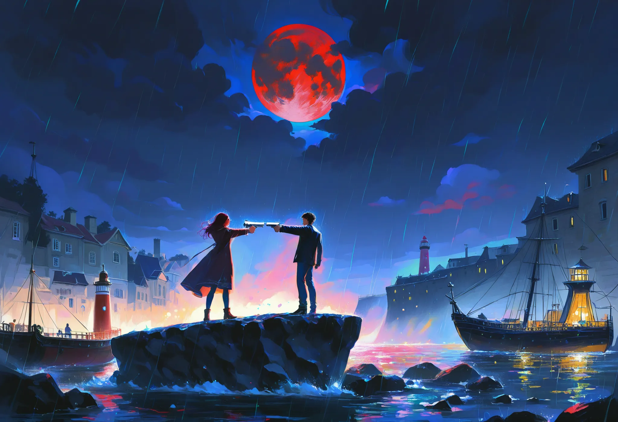 crayon drawing, 2mans, holding handgun, aiming at each other, standing on stone quay, harbor, ship on sea, cargoes, lighthouse, red moon, rain, midnight, wide shot,