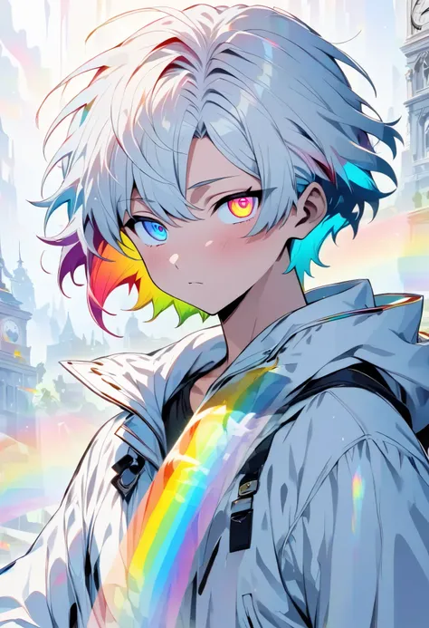 [(WHITE BACKGROUND:1.5)], ((masterpiece)), high quality, ((solo)), ((younger boy)), (men's white color short hair), rainbow inner hair, (rainbow color eye), upper body, bright skin, white parka, ((anime style)), (clock rainbow effect:1.3),