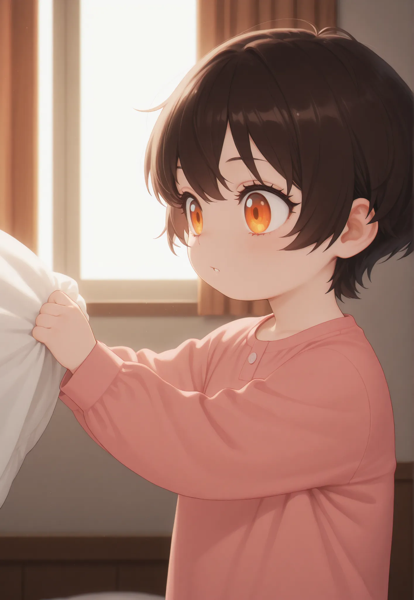 masterpiece, better quality, newest, safe, good anatomy, good resolution, good lighting.  beautiful, anime, . Little girl, Dark Brown Hair and Short Hair. Intense Orange Eyes. black eyelashes, piel clara. Adorable 6-8 month old baby. looking at the spectat...