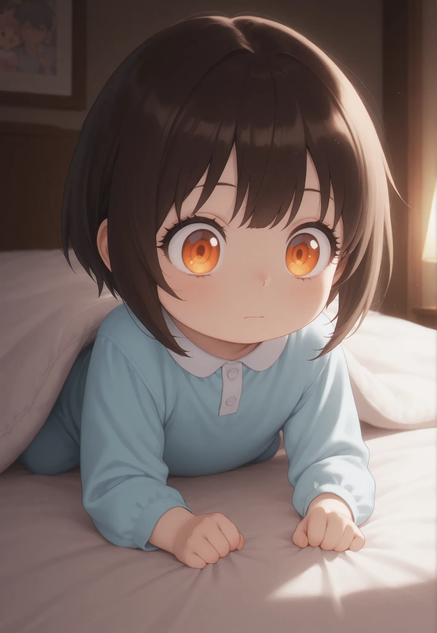 masterpiece, better quality, newest, safe, good anatomy, good resolution, good lighting.  beautiful, anime, . Little girl, Dark Brown Hair and Short Hair. Intense Orange Eyes. black eyelashes, piel clara. Adorable 6-8 month old baby. looking at the spectat...