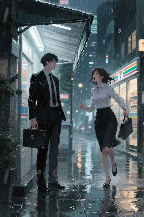 best quality, anime style, Source anime,Dynamic Lighting,HDR,Detailed illustrations, realistic and intricately drawn, (masterpiece:1.2), (dramatic lighting:1.4), (high contrast:1.4), (backlighting:1.3), (cinematic angle),
1man, 1woman, rainy_night, convenience_store, rain_shelter, dramatic_lighting, cinematic_composition, backlighting, wet_ground, reflections, depth_of_field, emotional_moment, encounter_scene, medium_shot, standing_pose, cityscape_background,
1man, adult_male, black_suit, necktie, short_hair, neat_appearance, holding_briefcase, slightly_wet_clothes, Stand under a long horizontal awning, looking_to_side, surprised_expression, positioned_left,
1woman, adult_female, office_lady, white_blouse, pencil_skirt, wet_hair, hair_sticking_to_face, running_pose, entering_frame_right, slightly_bent_forward, gasping_expression, raindrops_falling, hurried_movement, hand_holding_bag,
rainfall, raindrops_in_air, wet_pavement, shallow_depth_of_field, cinematic_lighting, soft_shadows, glow_effect, atmospheric_perspective, urban_night, reflective_surfaces, convenience_store_light_glow, subtle_color_contrast, warm_vs_cool_lighting, natural_pose. pixiv art style. The oil painting has a texture similar to paint, with no blurred lines or watercolor-like qualities, instead featuring clear, thick, dark lines. 