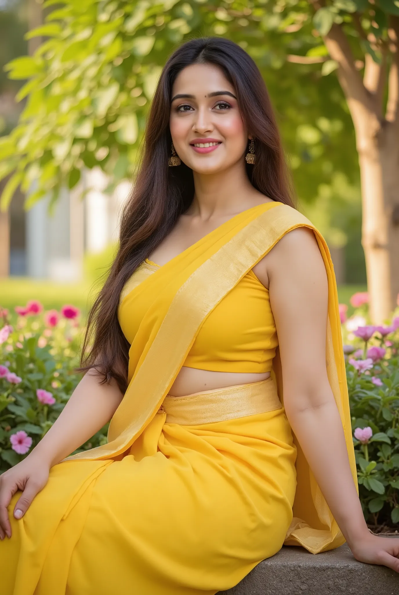 "A beautiful Indian woman sitting gracefully in a sunny garden, wearing a bright yellow saree with matching blouse. She has long, straight hair and a soft, natural expression. The background is softly blurred with green trees and blooming pink flowers. Mor...