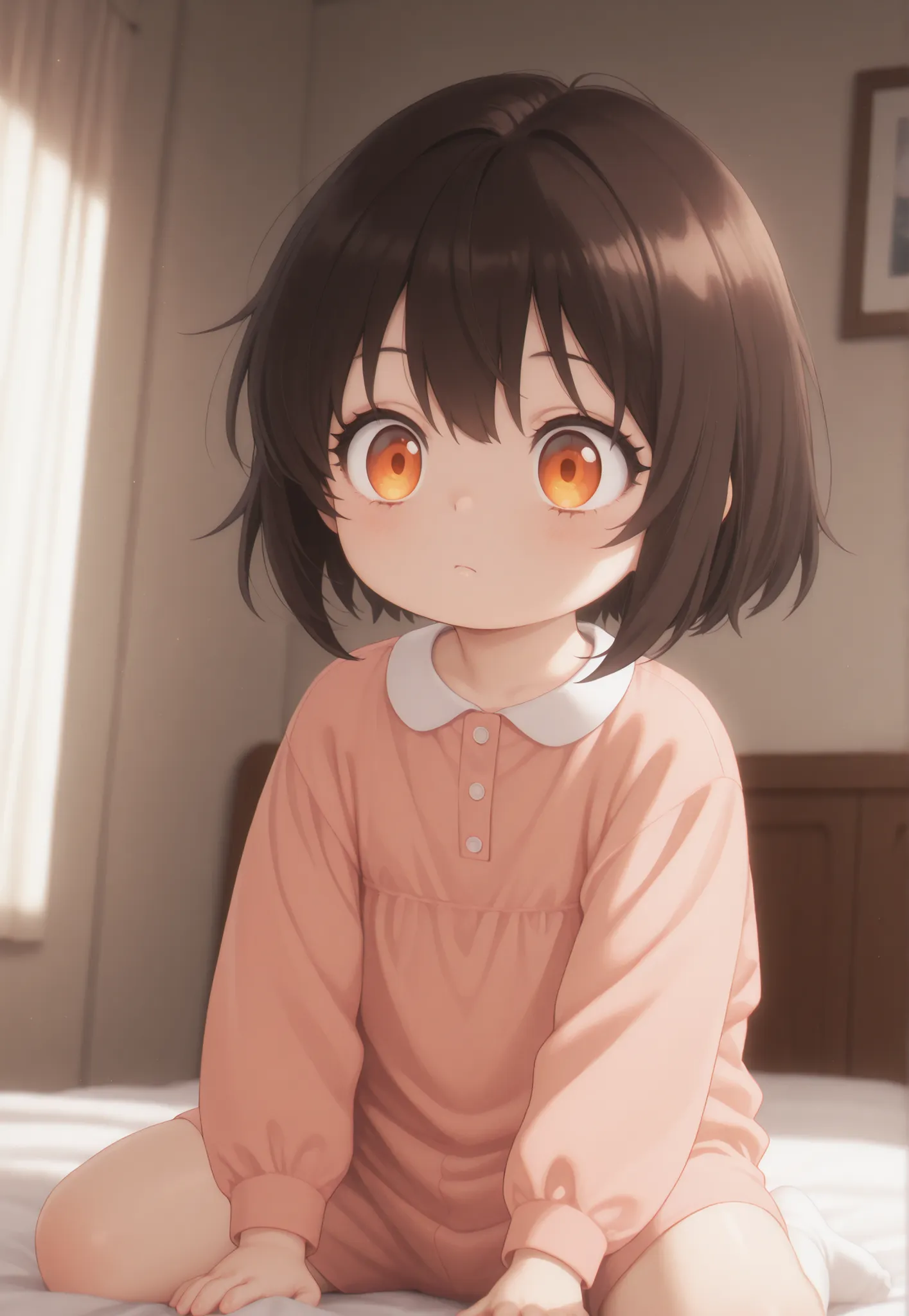 masterpiece, better quality, newest, safe, good anatomy, good resolution, good lighting.  beautiful, anime, . Little girl, Dark Brown Hair and Short Hair. Intense Orange Eyes. black eyelashes, piel clara. Adorable 6-8 month old baby. looking at the spectat...