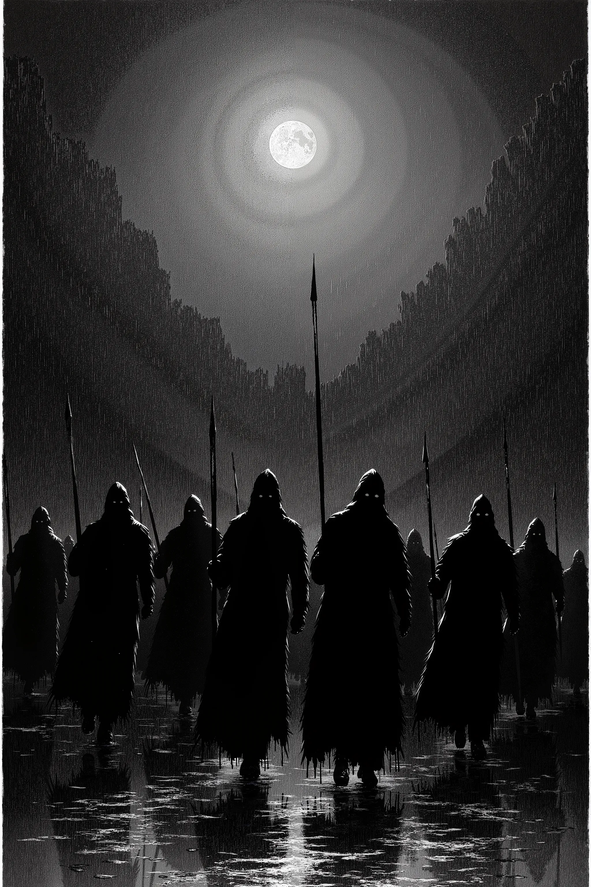 Depressive Black,black and white etching、In the rain、Mercenary units with spears are marching、