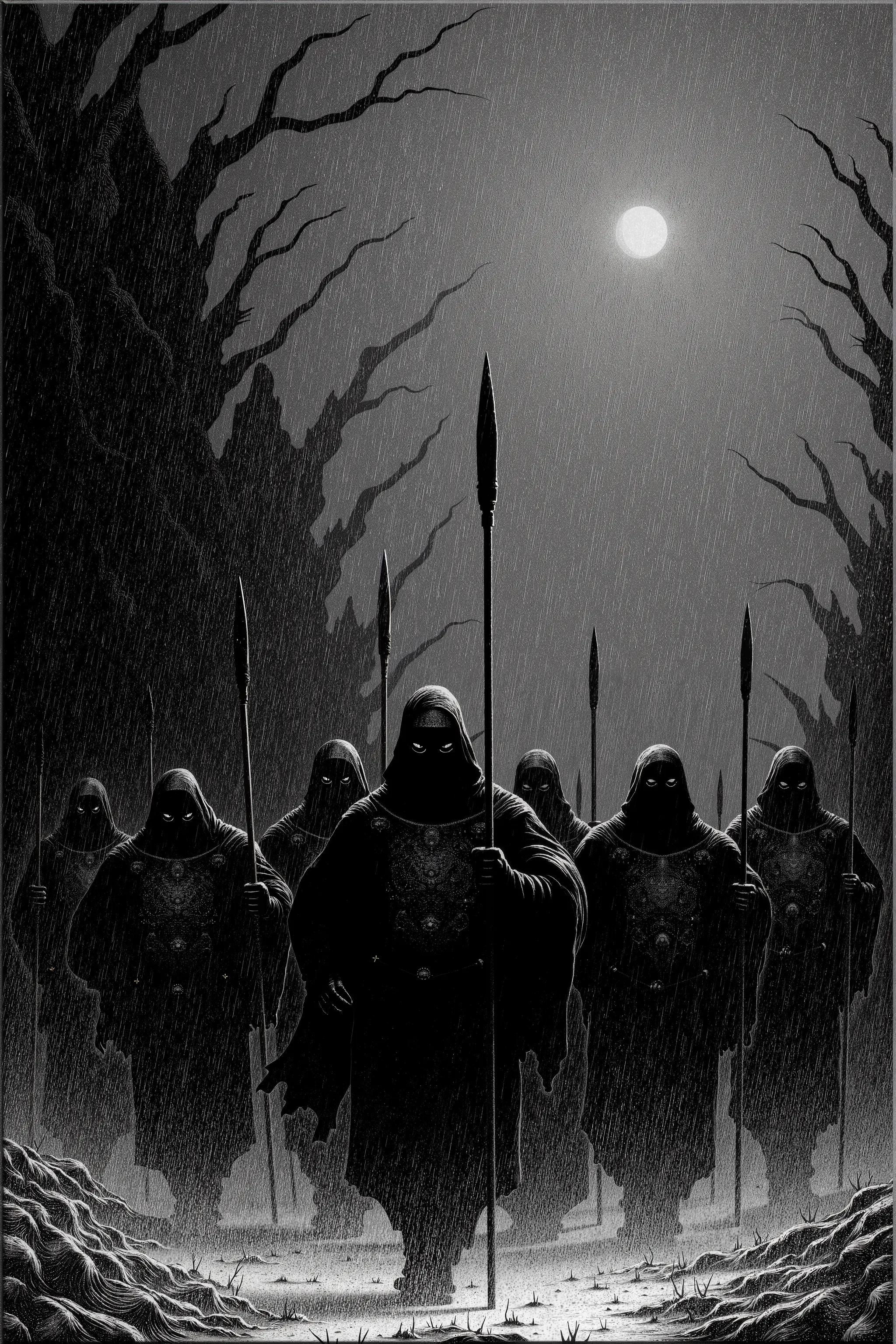 Depressive Black,black and white etching、In the rain、Mercenary units with spears are marching、