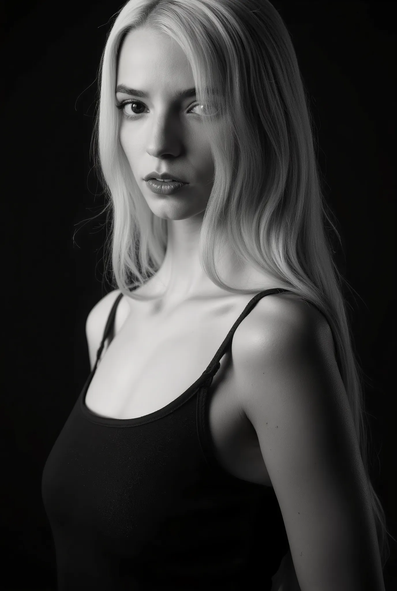 In a monochromatic setting, a girl showcases striking long, blonde hair that flows freely over their shoulders. The hair is characterized by its smooth texture and subtle layers, catching the light in gentle highlights that contrast against a shadowy backd...