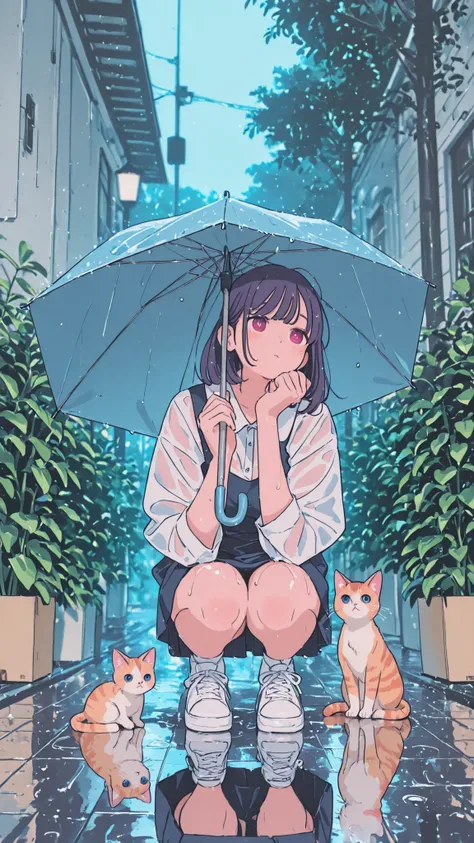 An Encounter on a Rainy Night、Focus on kittens、kitten in cardboard、wet kitten、girl holding an umbrella and staring at kittens、Woman staring at kittens、squat woman and kitten、A corner of the park、Plants、Promenade