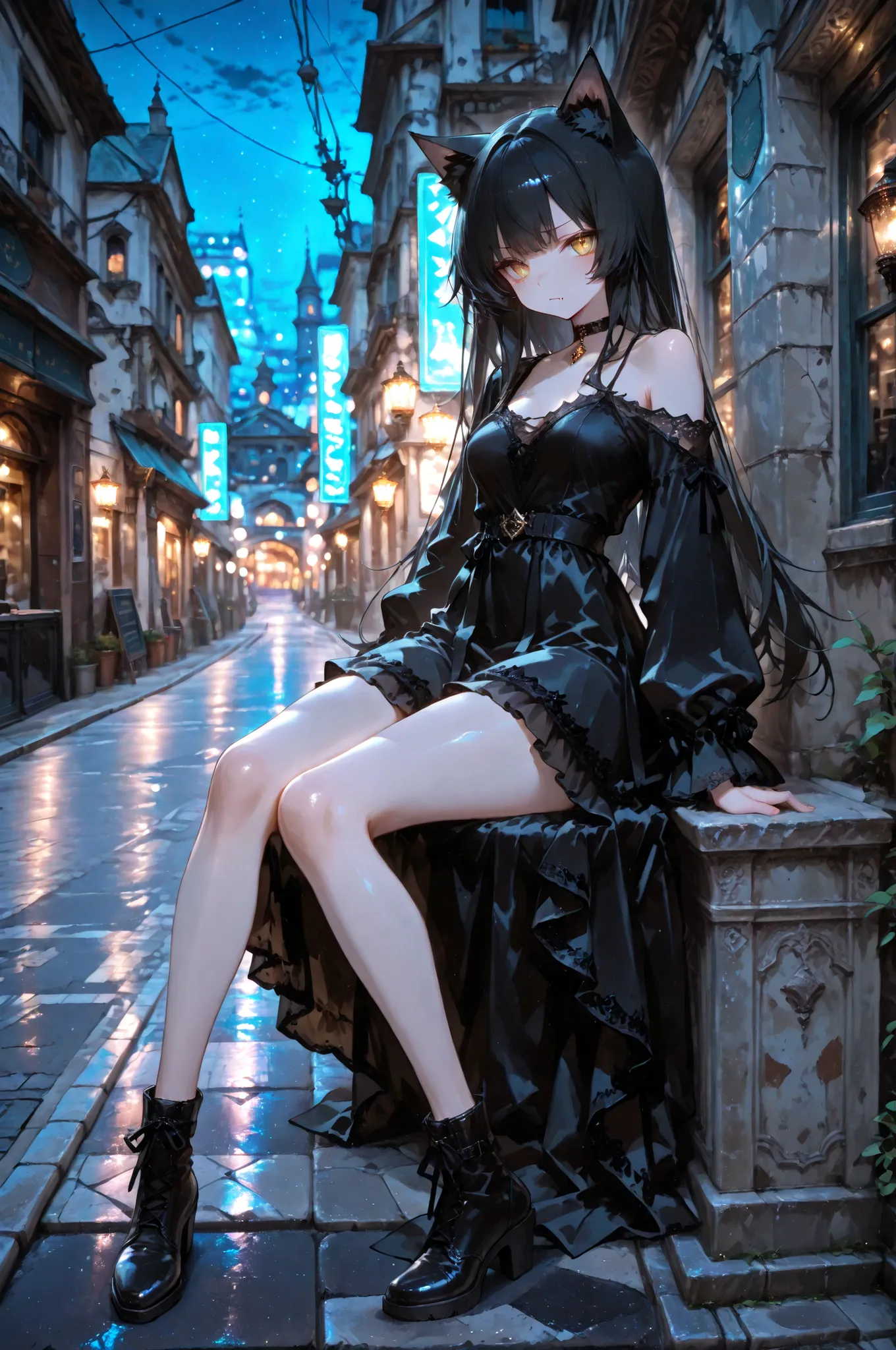 1girl ,,animal ears ,bare shoulder ,black dress ,black hair ,blurry ,blurry background ,breasts ,cat ears ,cat girl ,closed mouth ,choker ,dress ,fang ,full body ,long hair ,looking at viewer ,night ,small breasts ,sitting ,street Corner ,town ,yellow eyes...