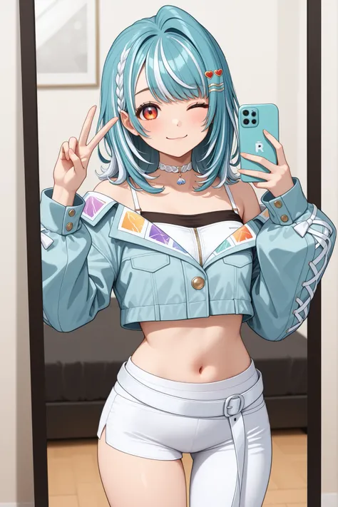 nsfw, shiranami ramune,
ramune original, medium hair, braid, hair ornament, cropped jacket, blue jacket, long sleeves, off shoulder, choker, crop top, single pantsleg, white pants, white belt,upper body,smile,one eye closed, peace gesture,dance studio,look...