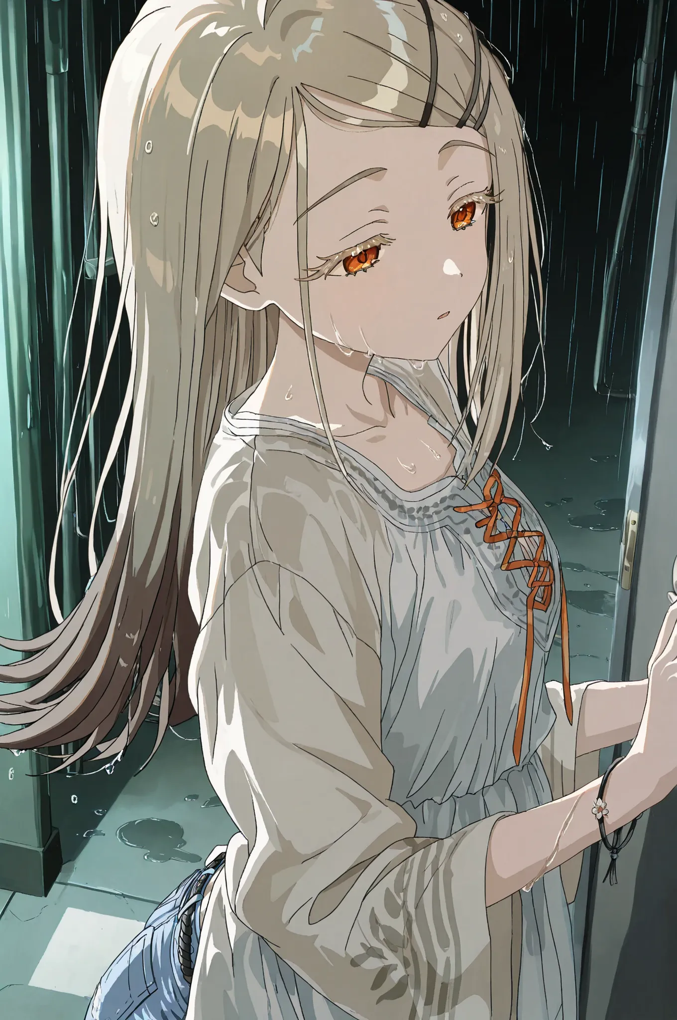 High quality, masterpiece, Hiro Shinosawa from Gakuen Idolmaster, a single delicate slender girl with long flowing cream-colored hair, orange eyes, voluminous eyelashes, depicted in a bust-up composition focusing on her upper body, in a bohemian, hippie-st...