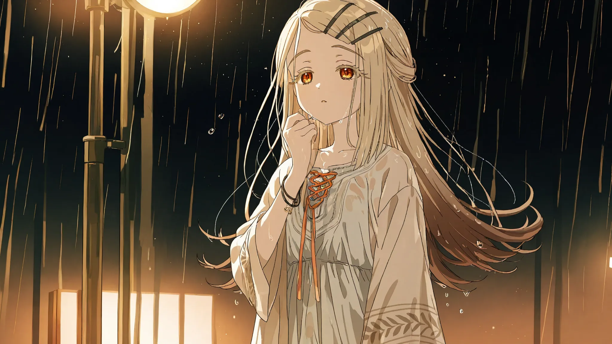 High quality, masterpiece, Hiro Shinosawa from Gakuen Idolmaster, a single delicate slender girl with long flowing cream-colored hair, orange eyes, voluminous eyelashes, depicted in a bust-up composition focusing on her upper body, in a bohemian, hippie-st...