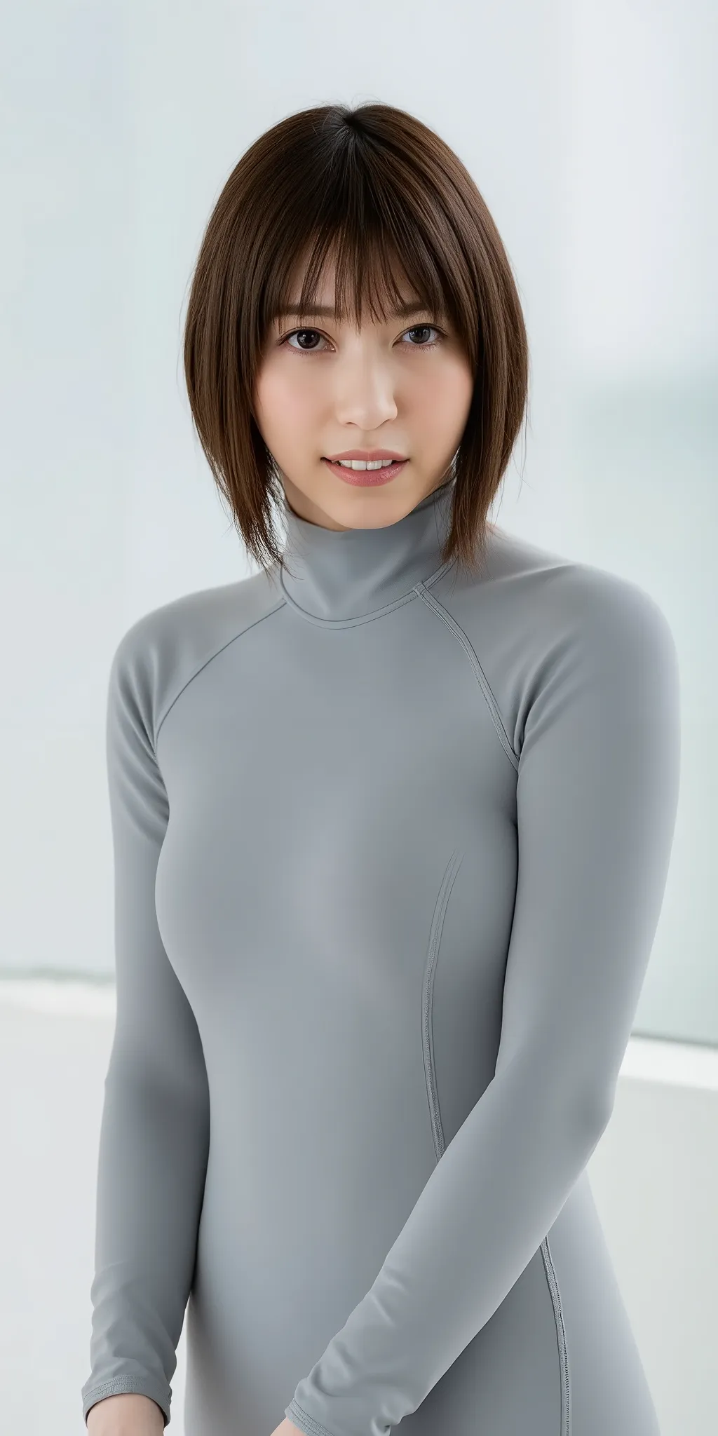 best quality, masterpiece,  pretty Japanese mature woman named rio hikarunagi nanase, a photo of Kotone, wearing light gray wetsuit, long sleeves, long pants, small breast, flat chest, serious expression, looking at viewer, cowboy shot