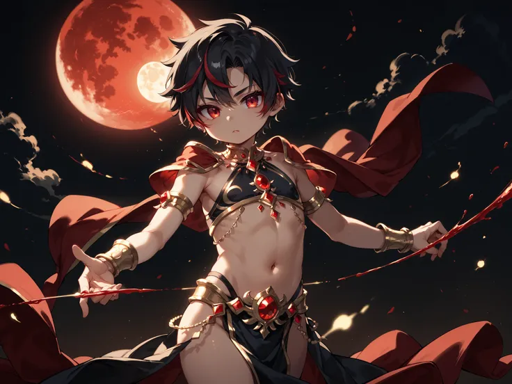 ((((shota)))), short male, (((((young))))), ((solo)), light skin, (((black hair))), spiky hair, red highlights, red eyes. ((black dancer robes)), gold trim, blood magic, blood moon, dynamic pose, ((red runic background)), (cowboy shot), highres, 16k, Natur...